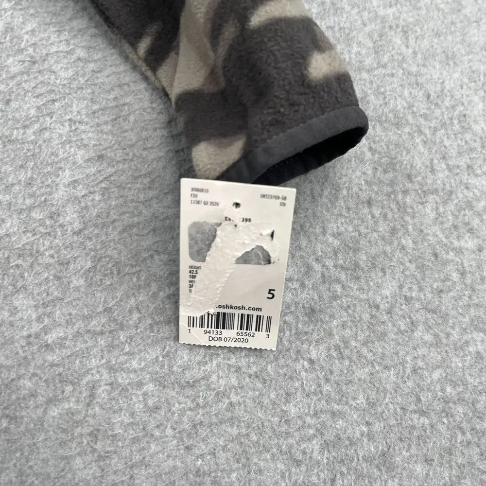 OshKosh B'gosh Fleece Sweater Size 5 Youth Boys Gray Camoflauge Full Zip NEW